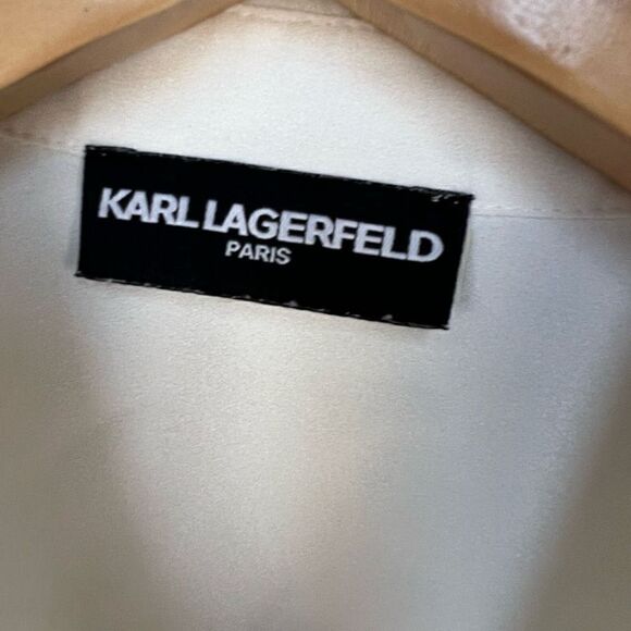 Karl Lagerfeld Top Blouse Shirt Paris Ruffle White Button Up Collared size M - Picture 4 of 10